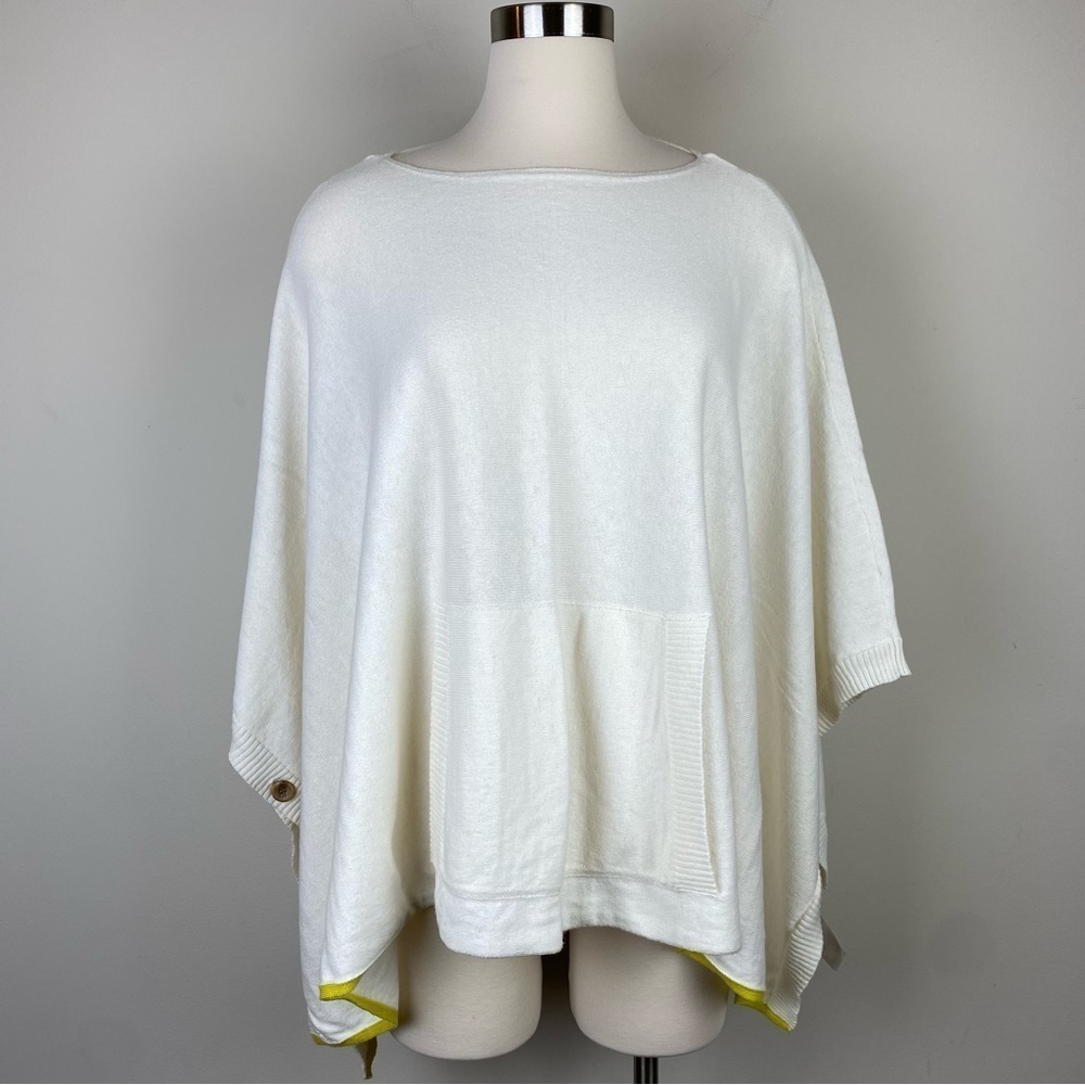 prAna Celestia Ivory Sweater Poncho Cashmere Blend, Kangaroo Pocket, Buttons, OS